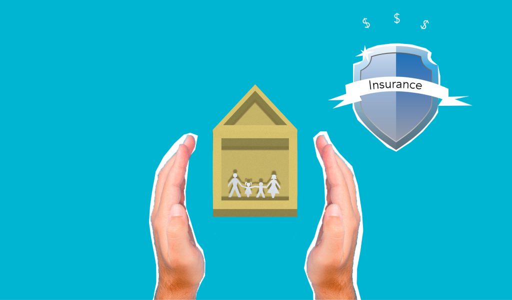 metal-roof-1 Decorative cardboard illustration of person hands protecting house with human figures near shield with Insurance inscription on blue background